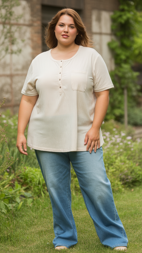 Plus Size Henley Top with Relaxed Fit Jeans Outfit
