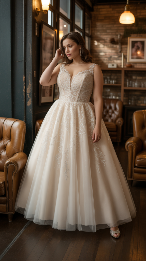 Plus Size Illusion Lace Ball Gown Wedding Dress