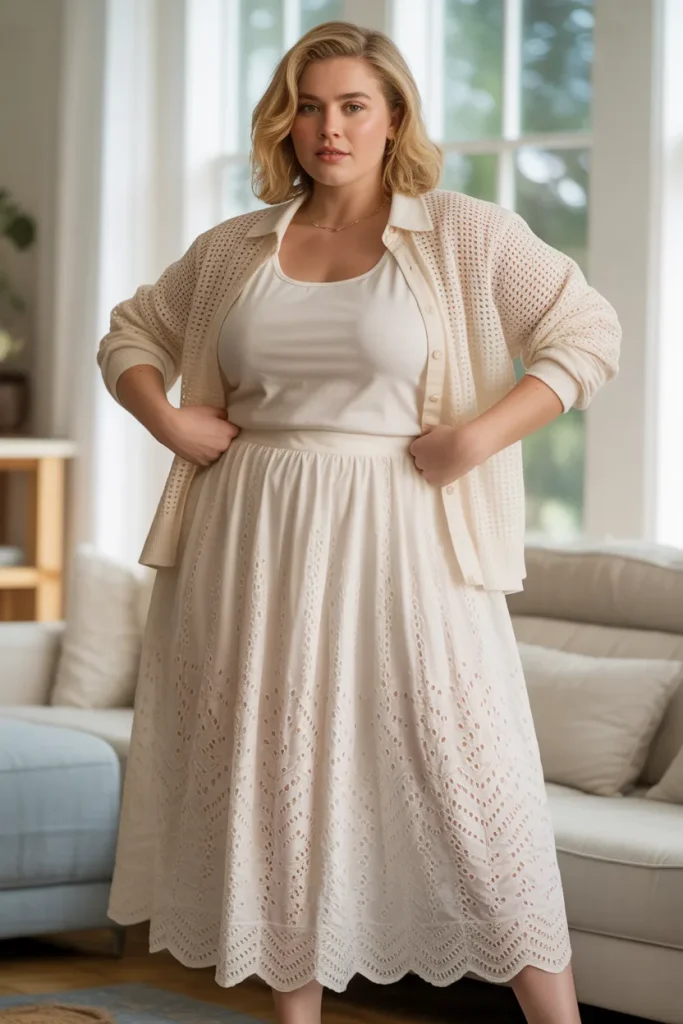 Plus Size Ivory Eyelet Cotton Midi Skirt and Sweater Twin Set Outfit