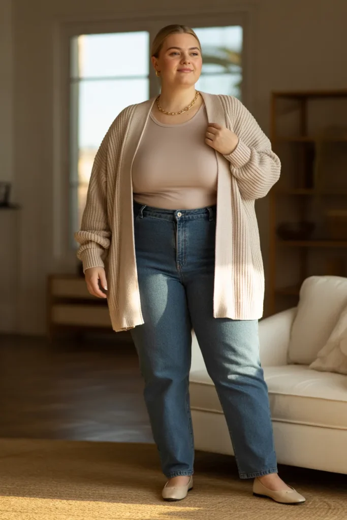 Plus Size Knit Cardigan and Straight Leg Jeans Outfit
