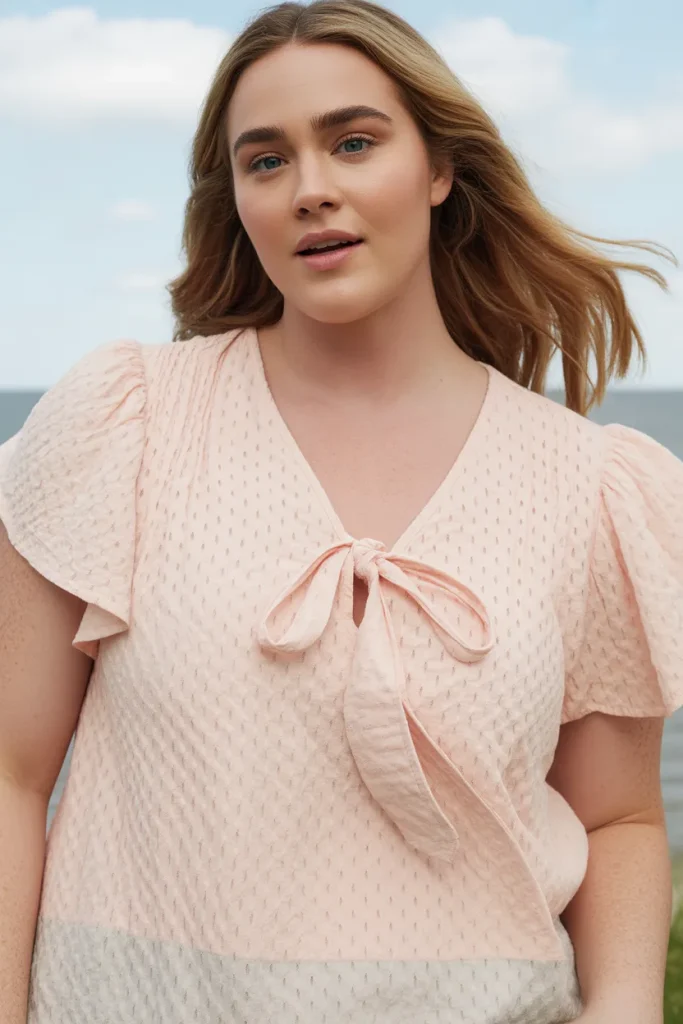 Plus Size LC Lauren Conrad Tie Key Hole Flutter Woven Short Sleeve V Neck Blouse 1