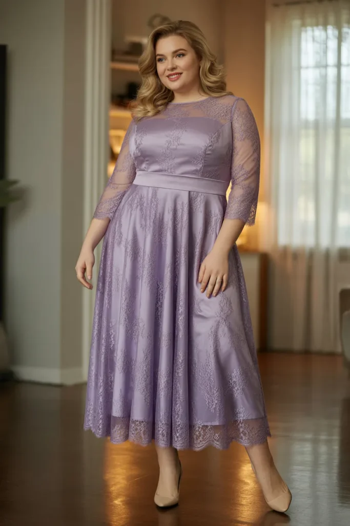 Plus Size Lavender Lace Overlay Midi Dress Outfit