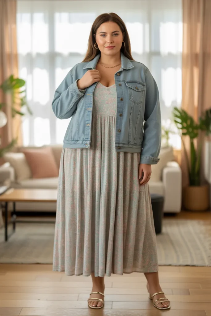 Plus Size Light Wash Denim Jacket with Floral or Midi Length Jersey Maxi Dress