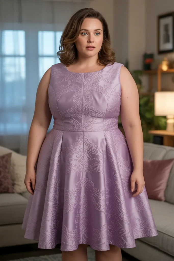 Plus Size Lilac Jacquard Fit to Flare Dress Outfit