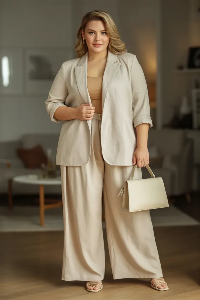 Plus Size Linen Blazer and Wide Leg Pants Outfit