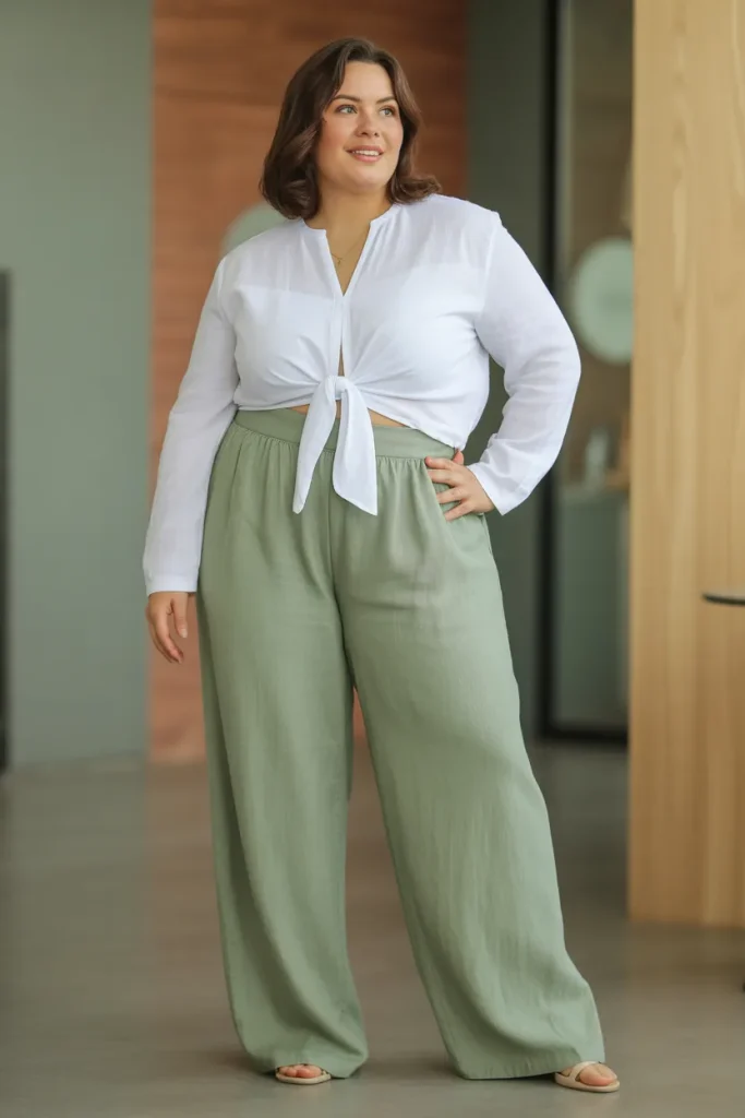 Plus Size Linen Blend Pants with Tie Front Top Outfit