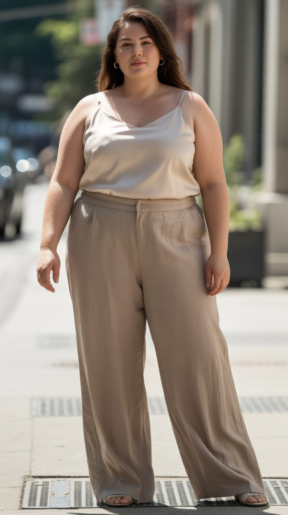 Plus Size Linen Blend Wide Leg Pants with Cami Outfit