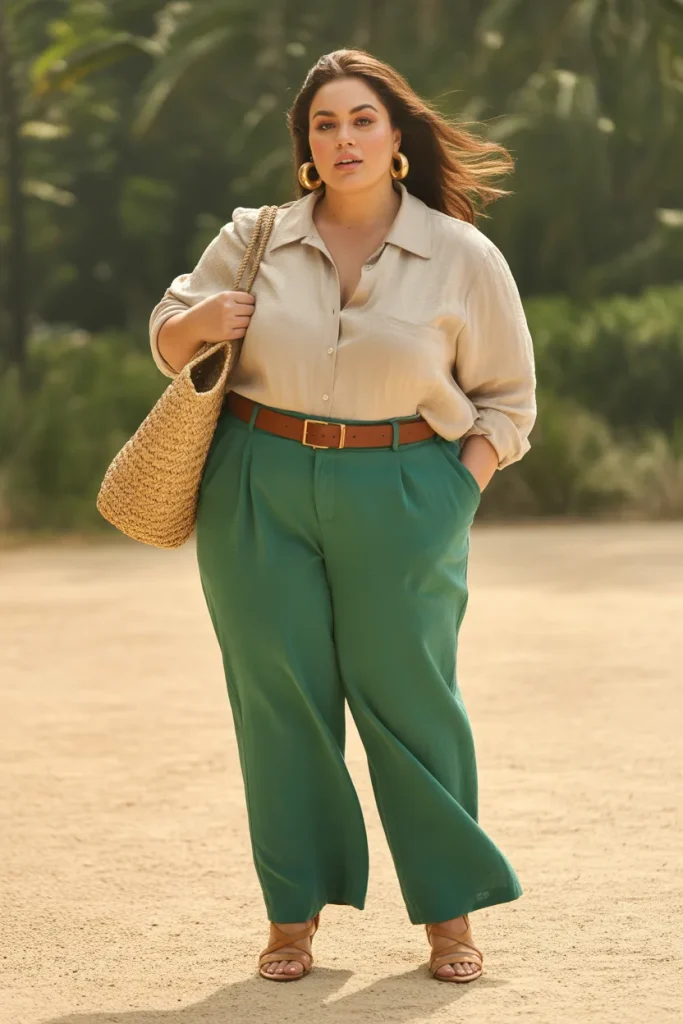 Plus Size Linen Button Down Shirt with Wide Leg Trousers Outfit