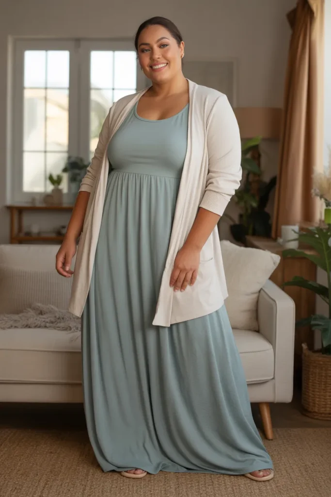 Plus Size Long Maxi Dress with a Light Cardigan