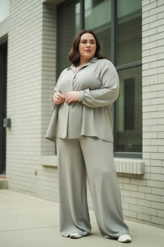 Plus Size Long Sleeve Blouse and Wide Leg Pant Set