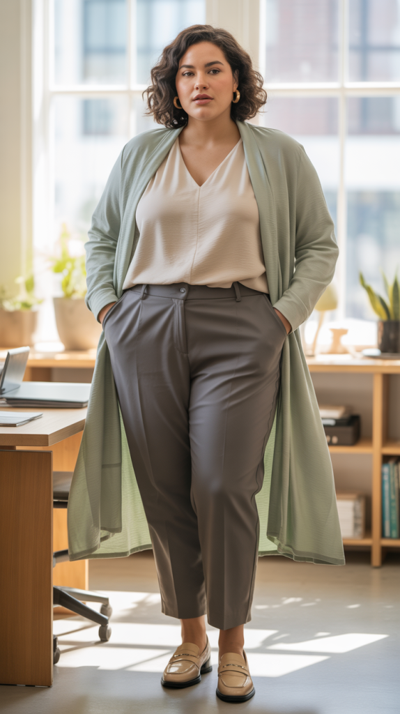 Plus Size Longline Cardigan with Ankle Pants Outfit