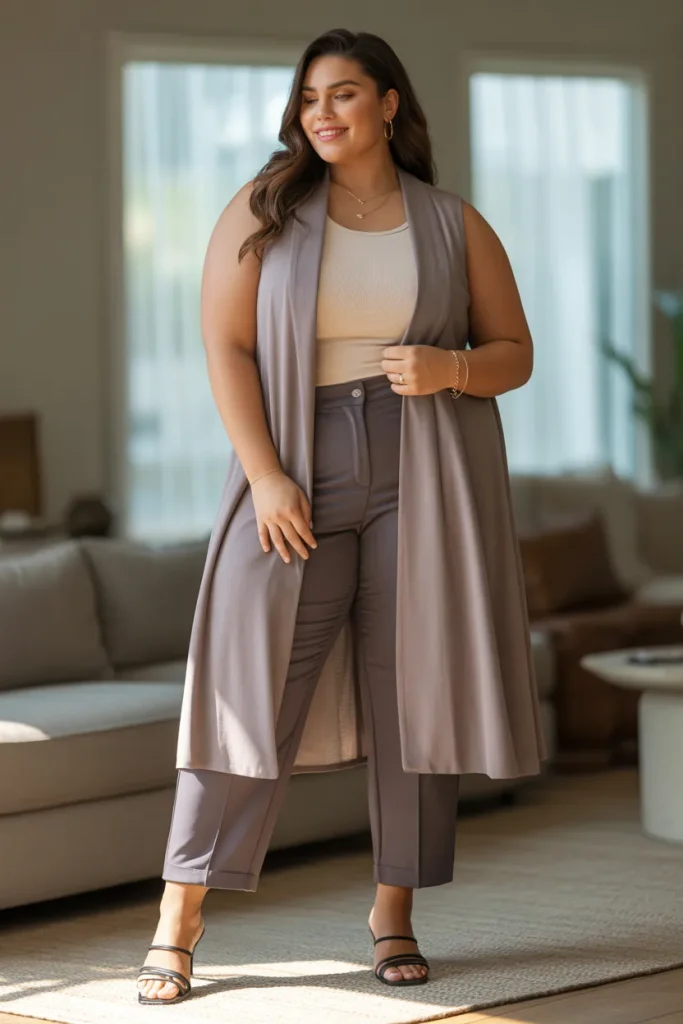 Plus Size Longline Vest and Ankle Pants Outfit