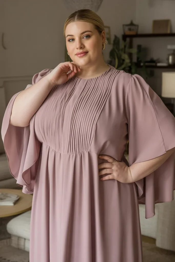 Plus Size Mauve Pintuck Detail Dress with Bell Sleeves Outfit