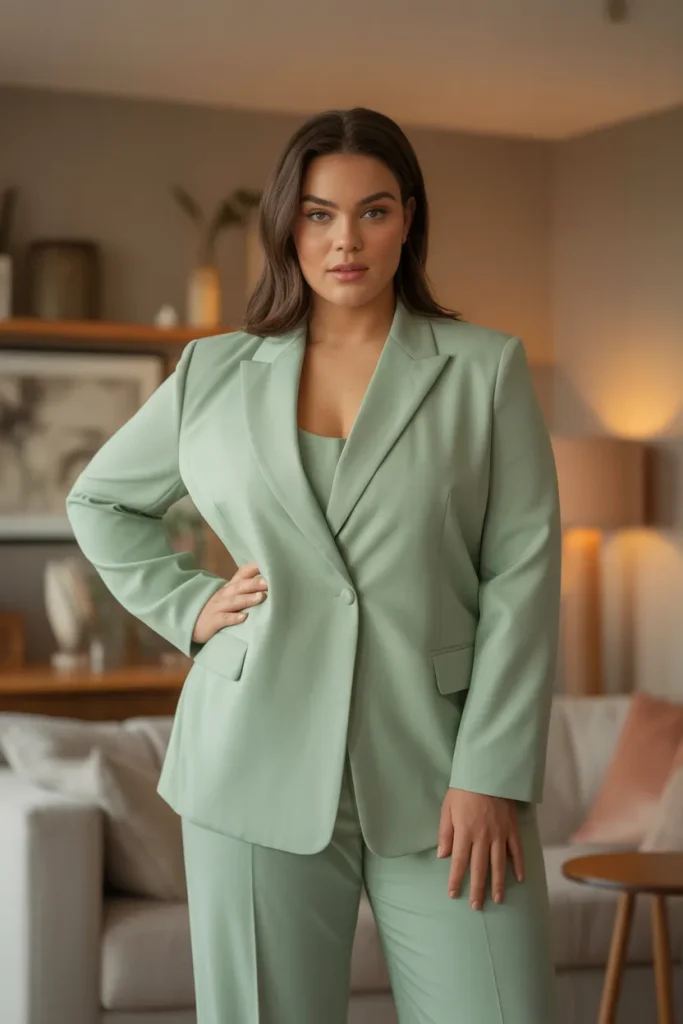 Plus Size Mint Green Tailored Blazer and Trouser Set Outfit