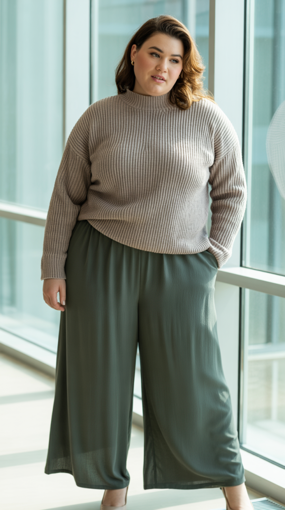 Plus Size Mock Neck Sweater with Culottes Outfit