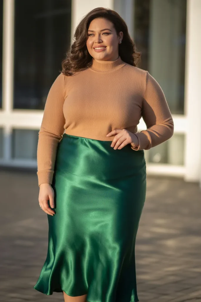 Plus Size Mock Neck Sweater with Midi Slip Skirt Outfit