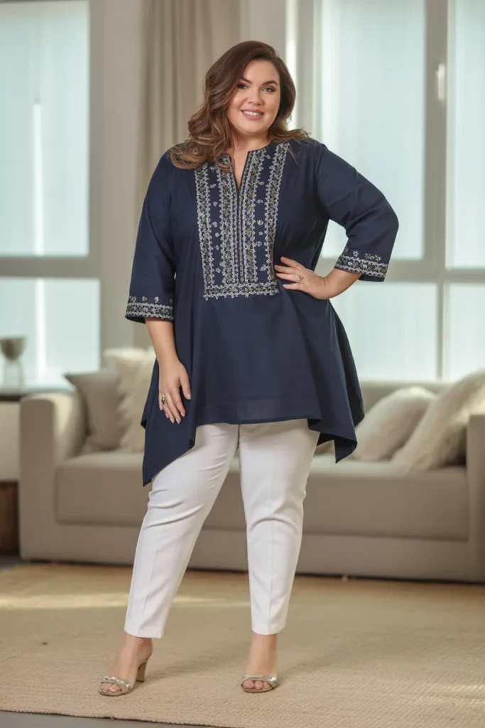 Plus Size Navy Embroidered Tunic with White Cigarette Pants Outfit