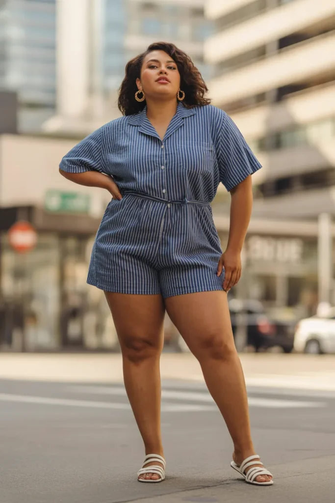 Plus Size Navy Striped Button Front Romper Outfit