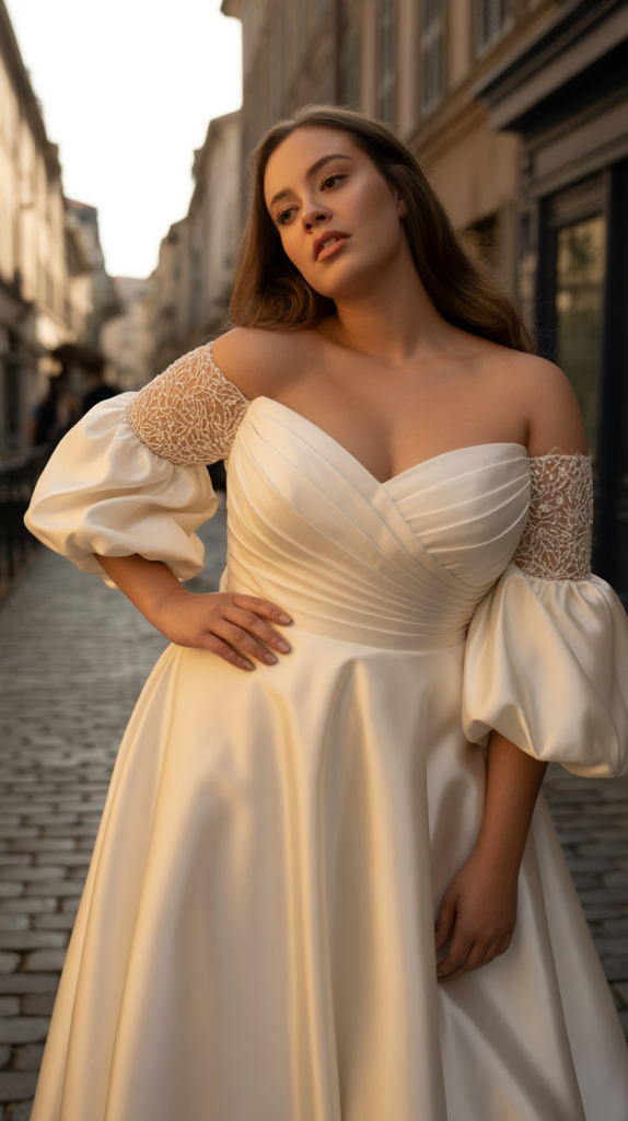 Plus Size Off Shoulder Balloon Sleeve A Line Wedding Dress