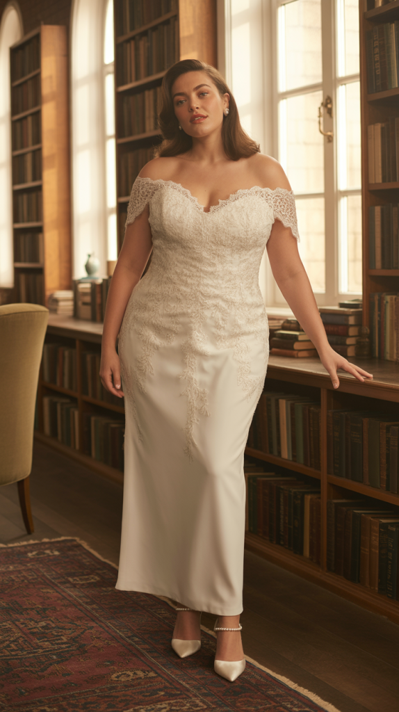 Plus Size Off Shoulder Lace Sheath Wedding Dress