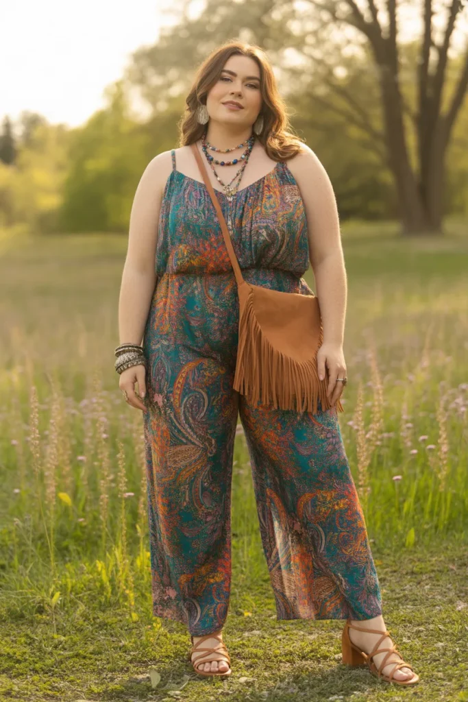 Plus Size Paisley Print Jumpsuit Hippie Spring Outfit