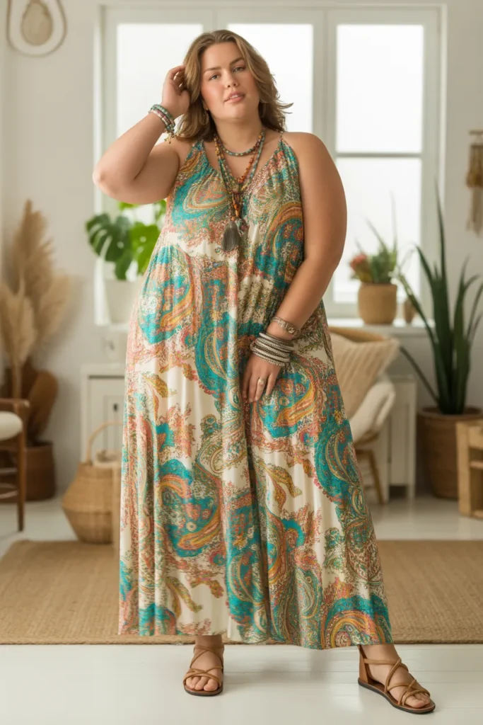 Plus Size Paisley Print Maxi Dress Hippie Spring Outfit