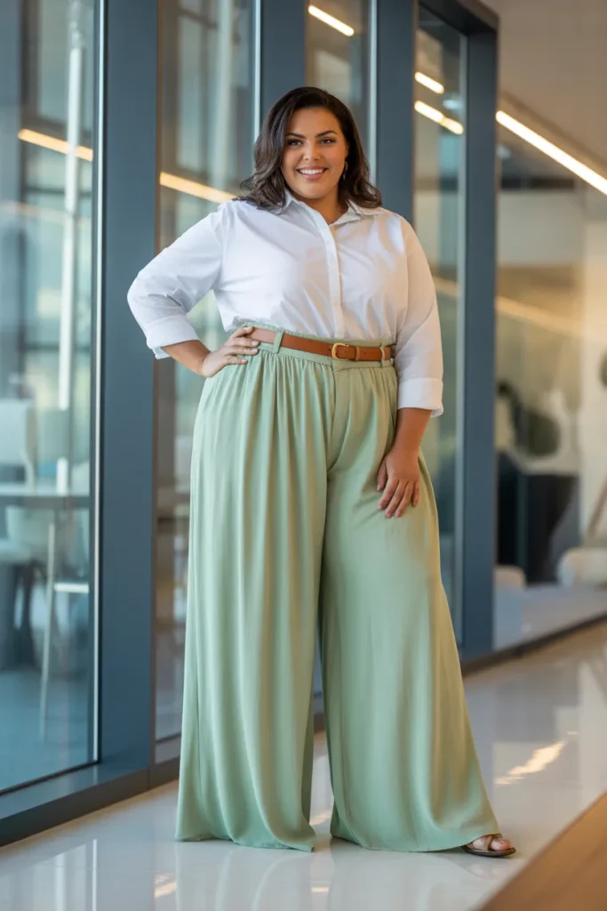 Plus Size Palazzo Pants with Tucked Blouse Outfit
