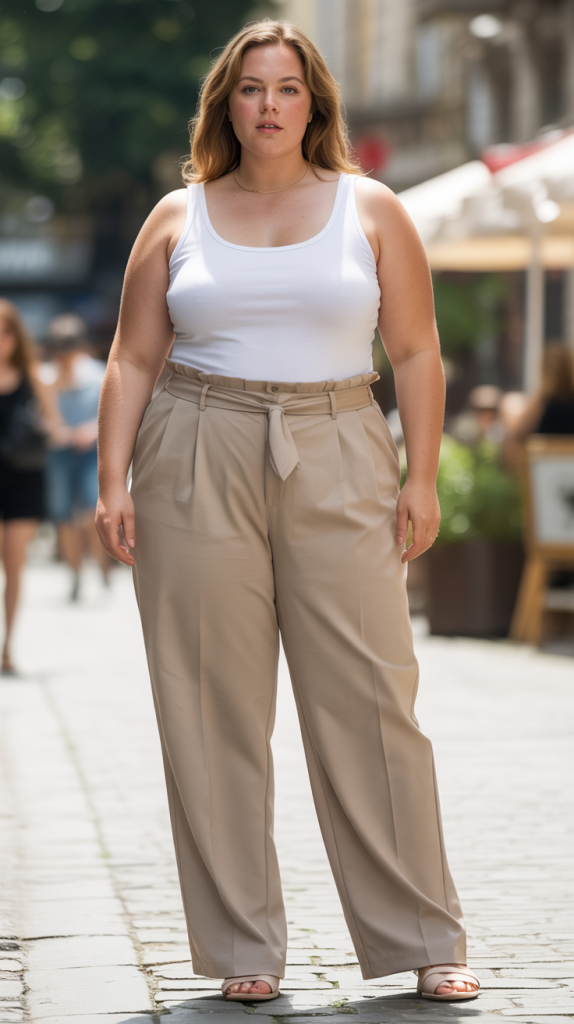 Plus Size Paperbag Waist Trousers with Fitted Tank Outfit