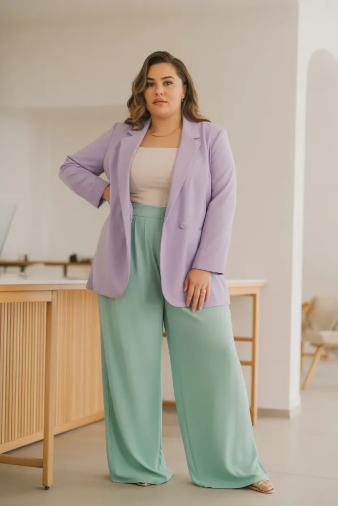 Plus Size Pastel Colored Blazer Paired with Wide Leg Pants 1