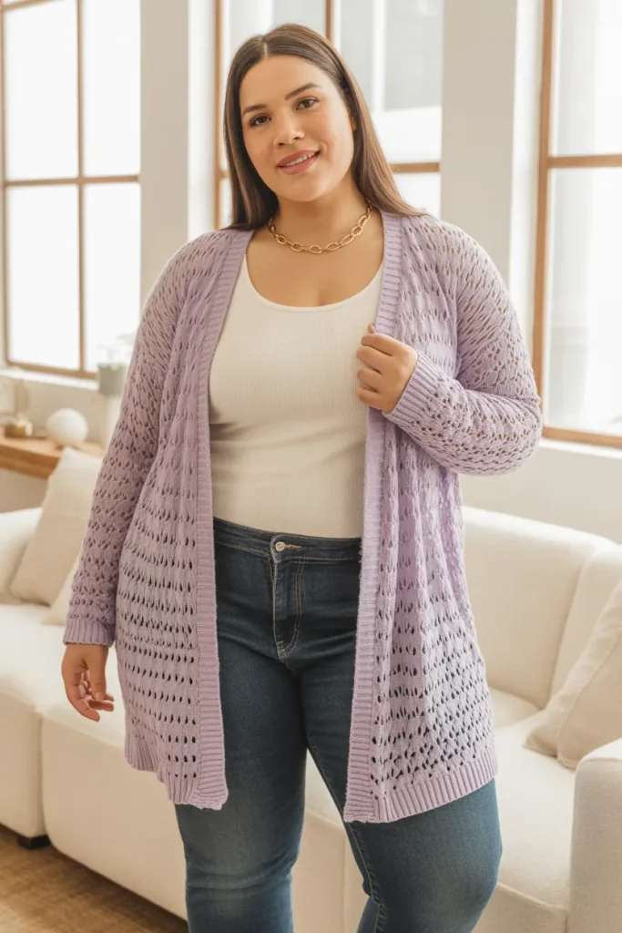 Plus Size Pastel Open Stitch Cardigan over Cotton Tank Top