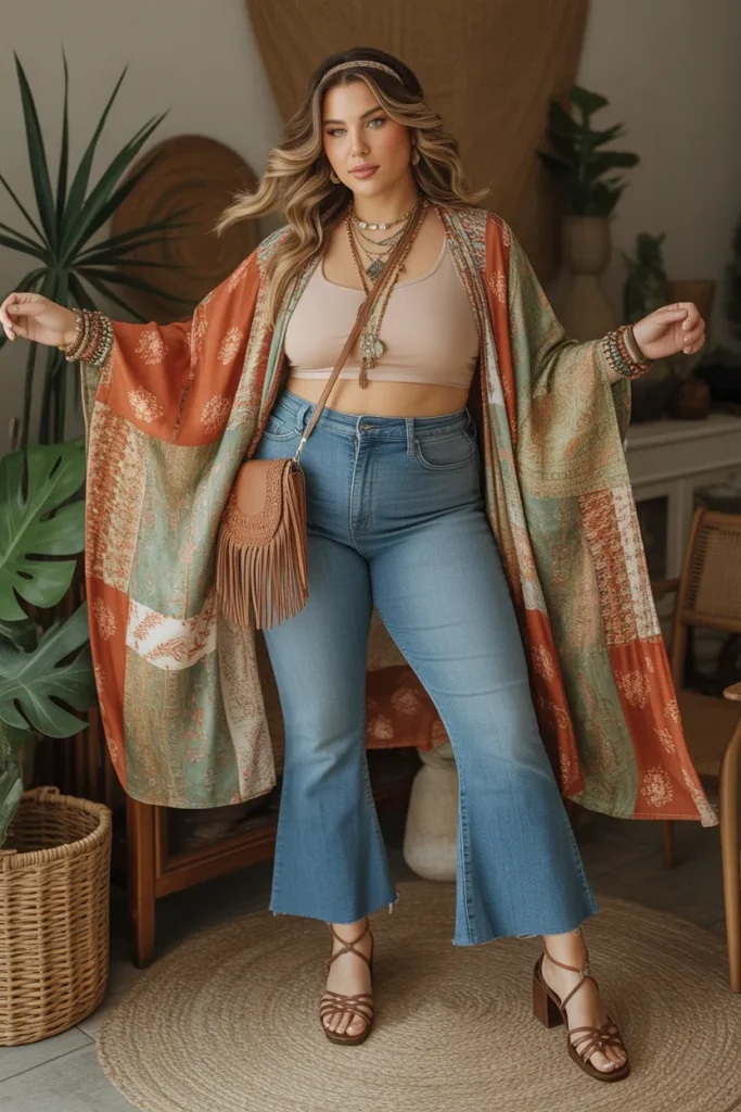 Plus Size Patchwork Print Kimono and Cropped Flare Jeans Hippie Spring Outfit