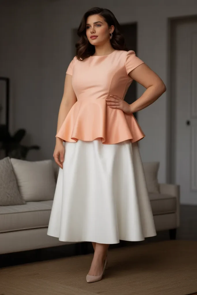 Plus Size Peach Peplum Top with White Midi Skirt Outfit