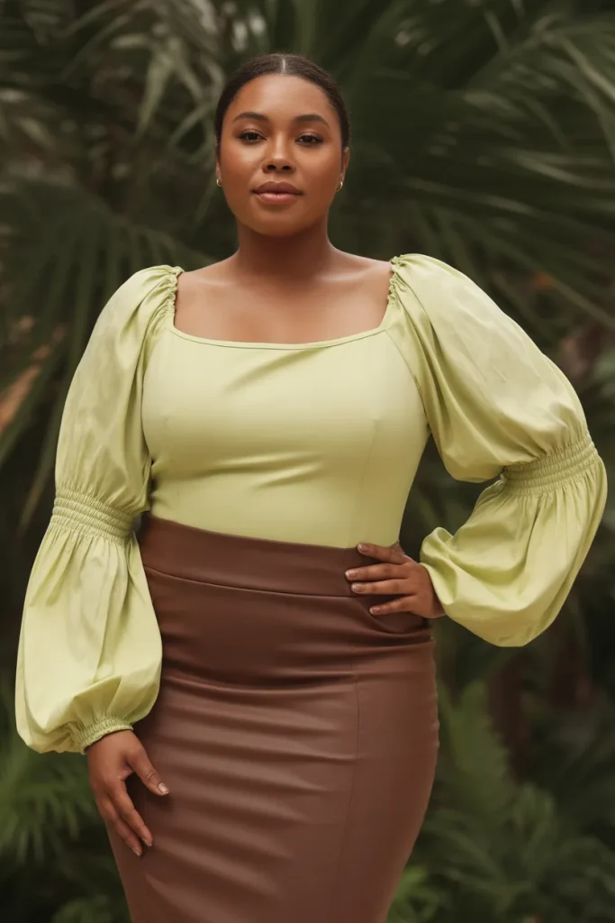 Plus Size Peasant Sleeve Top With Pencil Skirt Outfit