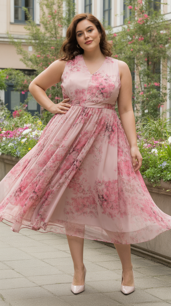 Plus Size Pink Floral Mesh Overlay Tea Length Chiffon Midi Dress