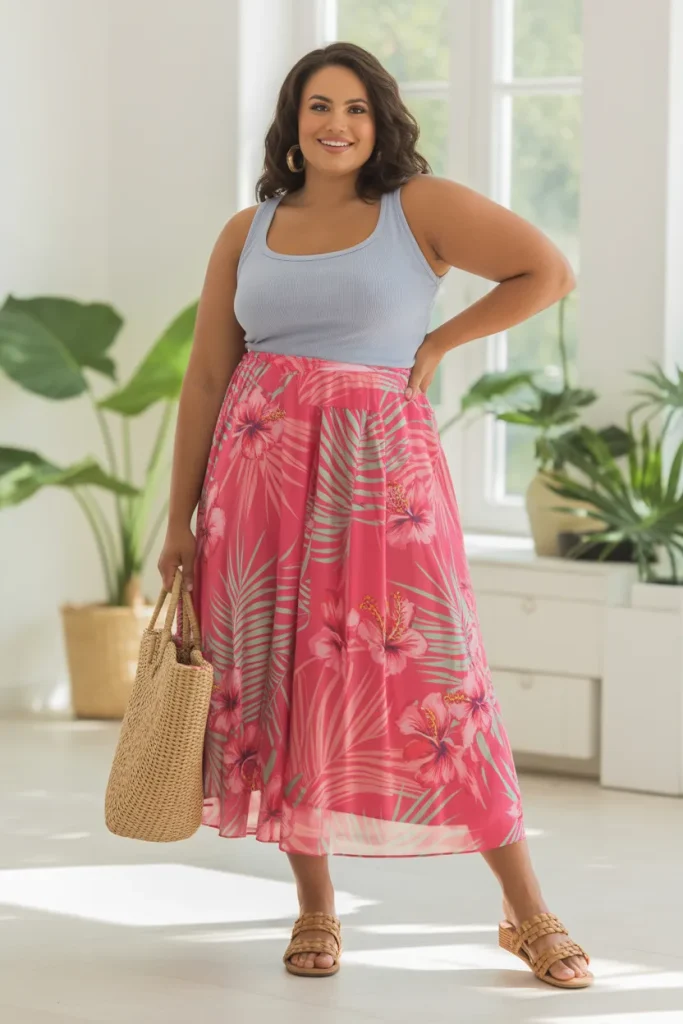 Plus Size Pink Tropical Print Skirt With Gray Tank Outfit