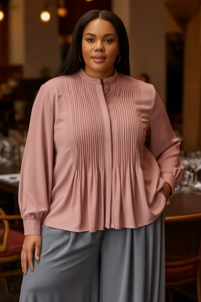 Plus Size Pintuck Detail Blouse With Palazzo Pants Outfit