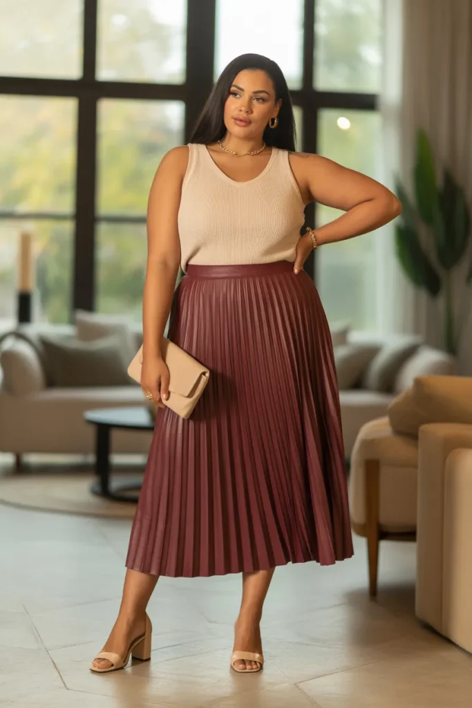 Plus Size Pleated Midi Skirt and Sweater Tank Outfit