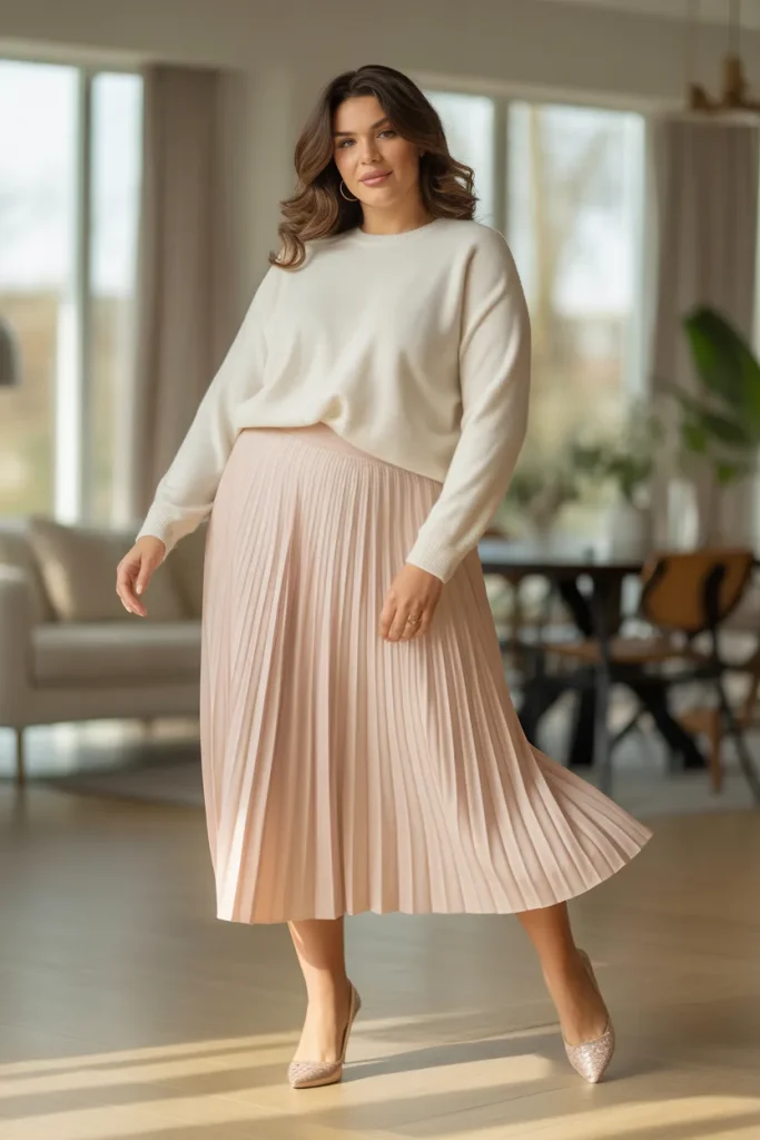 Plus Size Pleated Midi Skirt with Cashmere Sweater Outfit