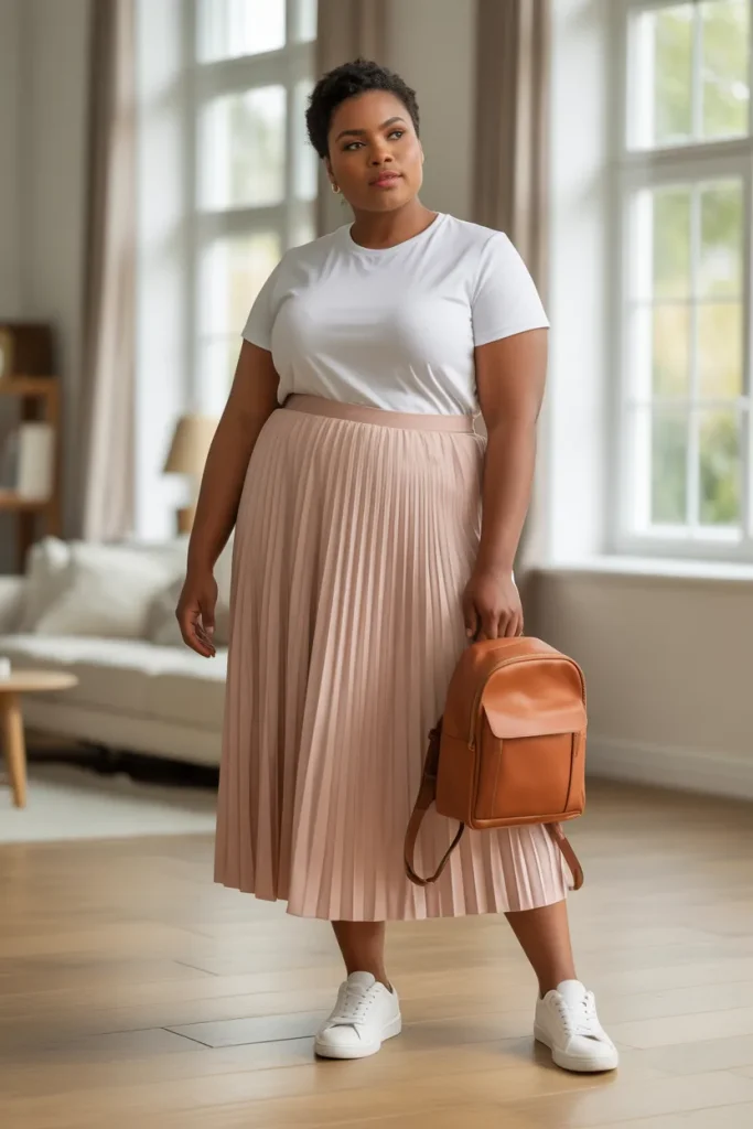 Plus Size Pleated Midi Skirt with Tucked In Tee Outfit