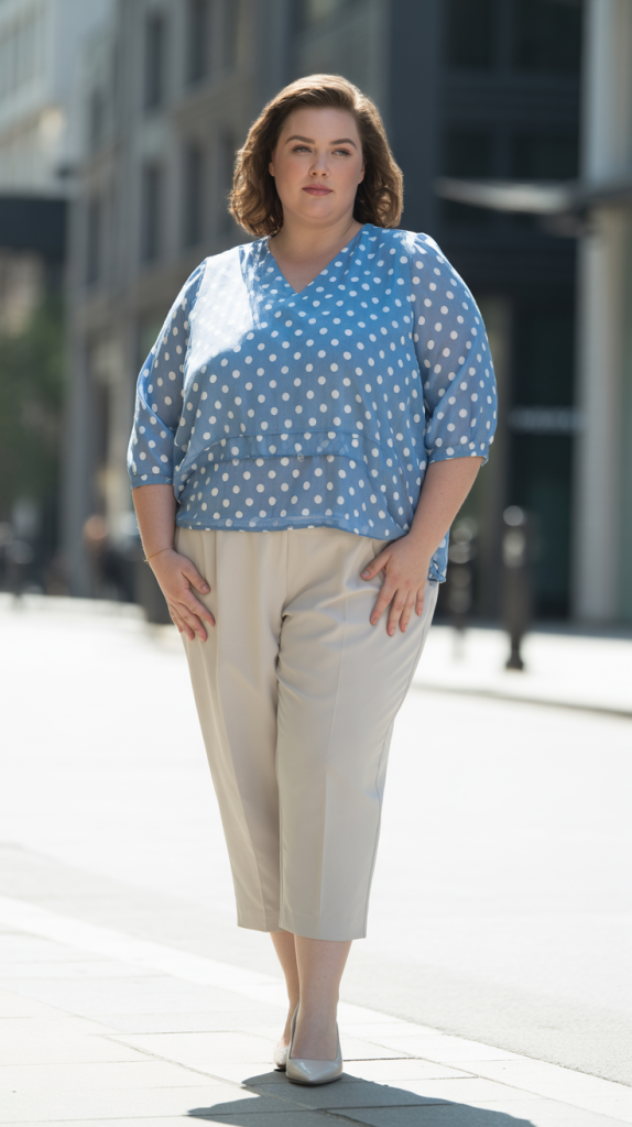 Plus Size Polka Dot Blouse with Cropped Pants Outfit