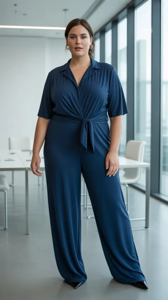 Plus Size Popover Collar Tie Waist Jersey Jumpsuit – Image Prompt