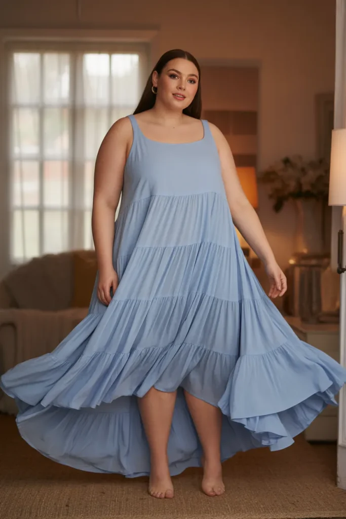 Plus Size Powder Blue Tiered Ruffle Hem Dress Outfit