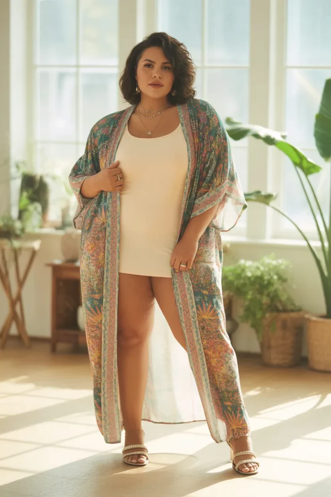 Plus Size Printed Kimono over a Tank Top