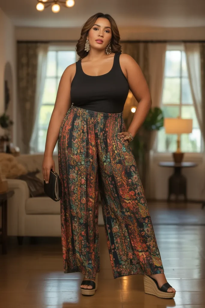 Plus Size Printed Palazzo Pants and Tank Top Outfit