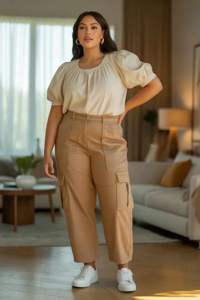Plus Size Puff Sleeve Blouse and Cargo Pants Outfit