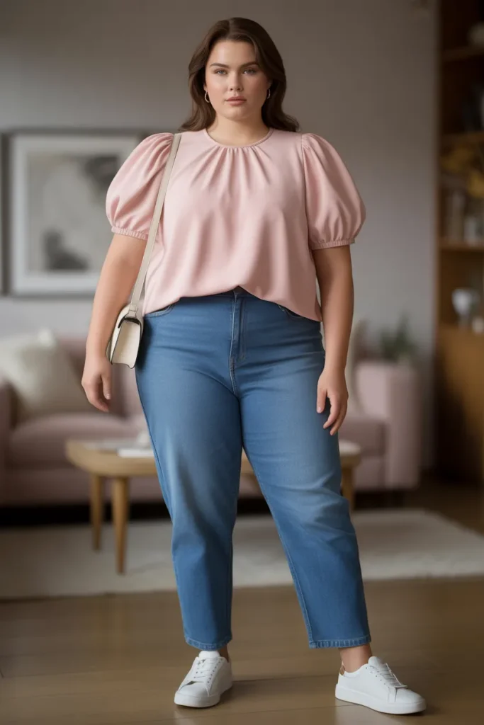 Plus Size Puff Sleeve Blouse with Straight Leg Jeans Outfit