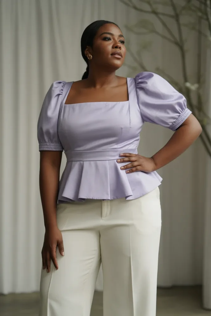 Plus Size Puff Sleeve Peplum Blouse With Tailored Trousers Outfit