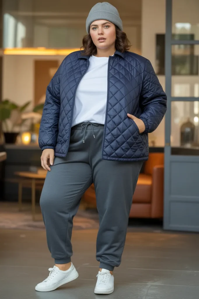 Plus Size Quilted Jacket and Jogger Pants Outfit