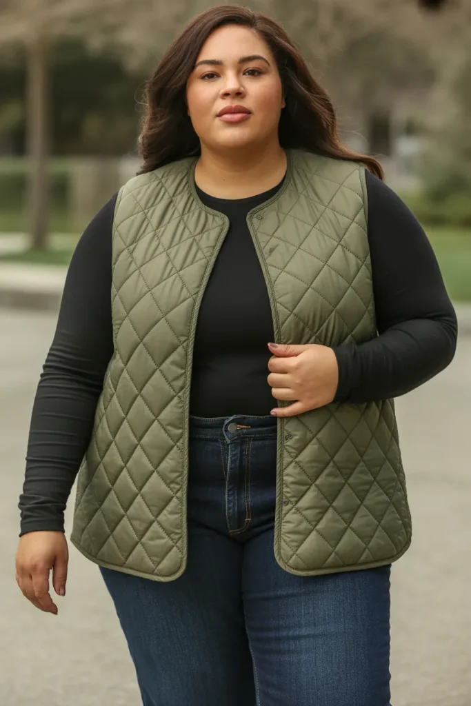 Plus Size Quilted Vest with Straight Leg Jeans Outfit