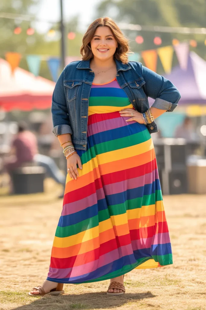 Plus Size Rainbow Striped Maxi Dress With Denim Jacket Outfit